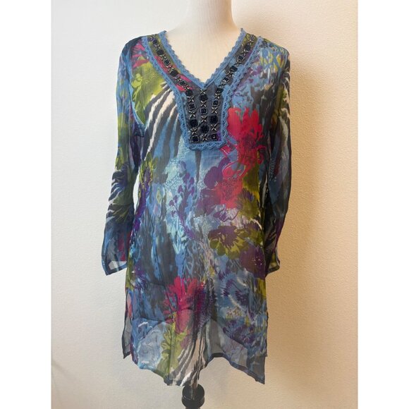 Sheer Floral Womens Tunic Large Embellished Embroidered Slit Art to Wear Boho - Picture 2 of 8